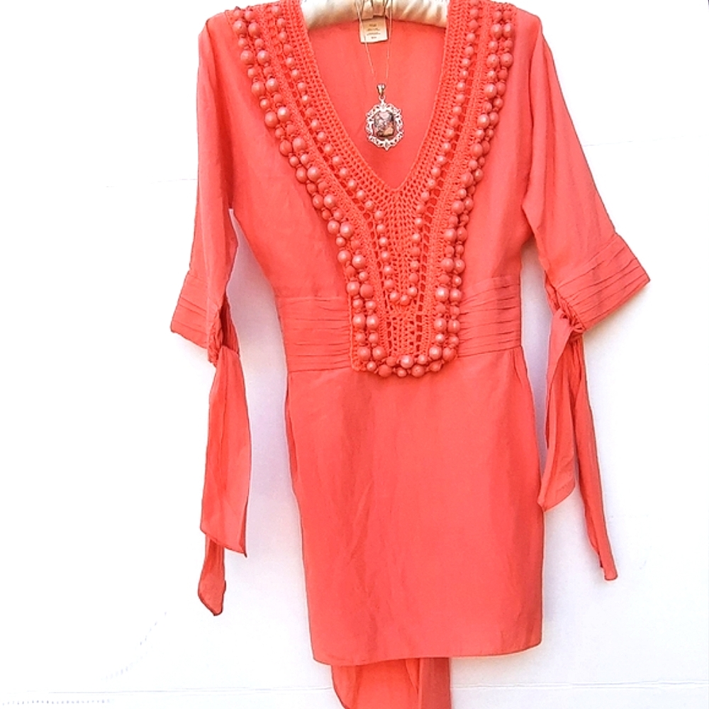 MARCIANO Silk Tie Back, Beaded Crochet Tunic Blouse - Picture 7 of 11